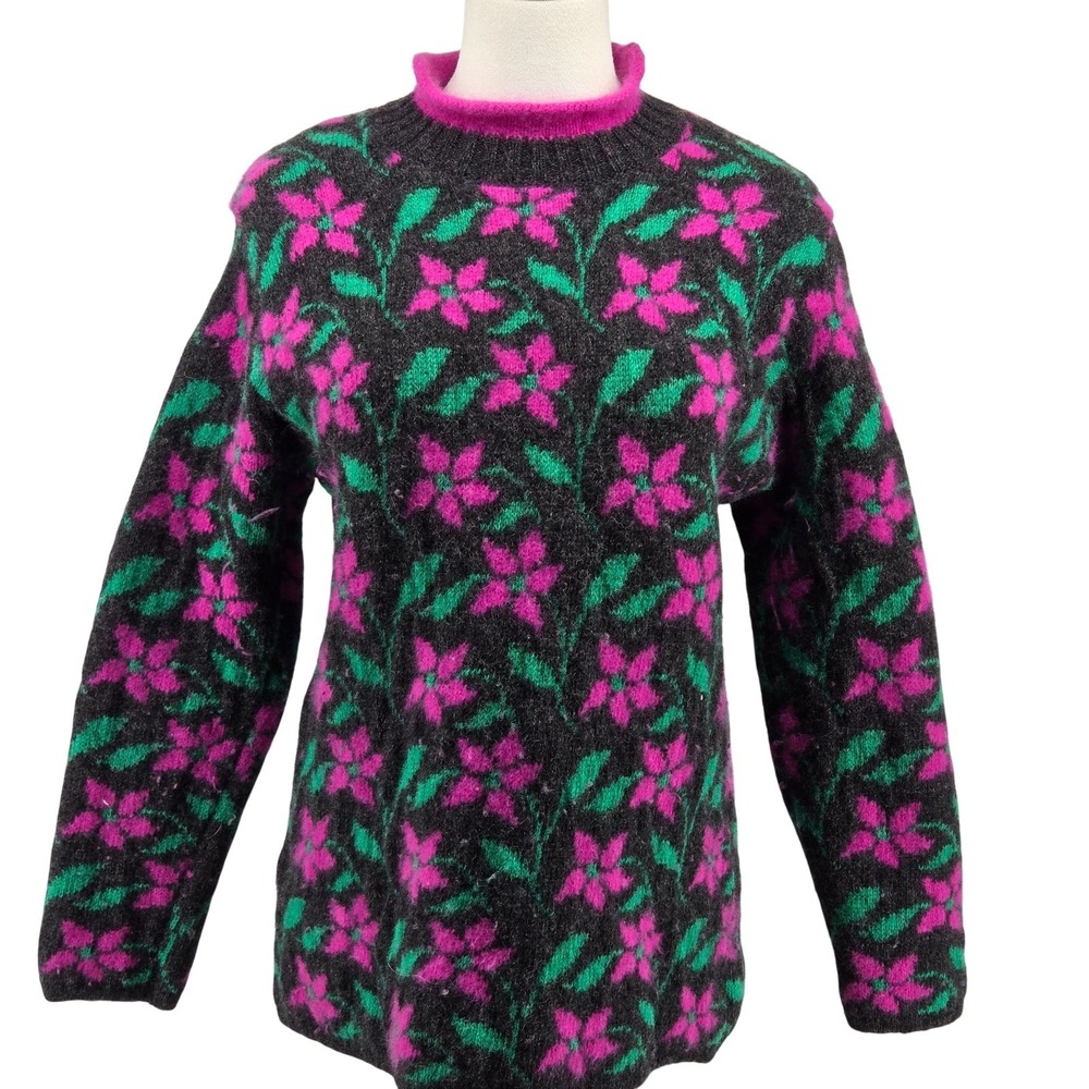United Colors Of Benetton Sweater Pullover Womens M Gray Mohair Wool Floral